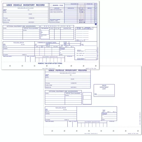 Used Vehicle Inventory Cards - pkg of 100 - #798