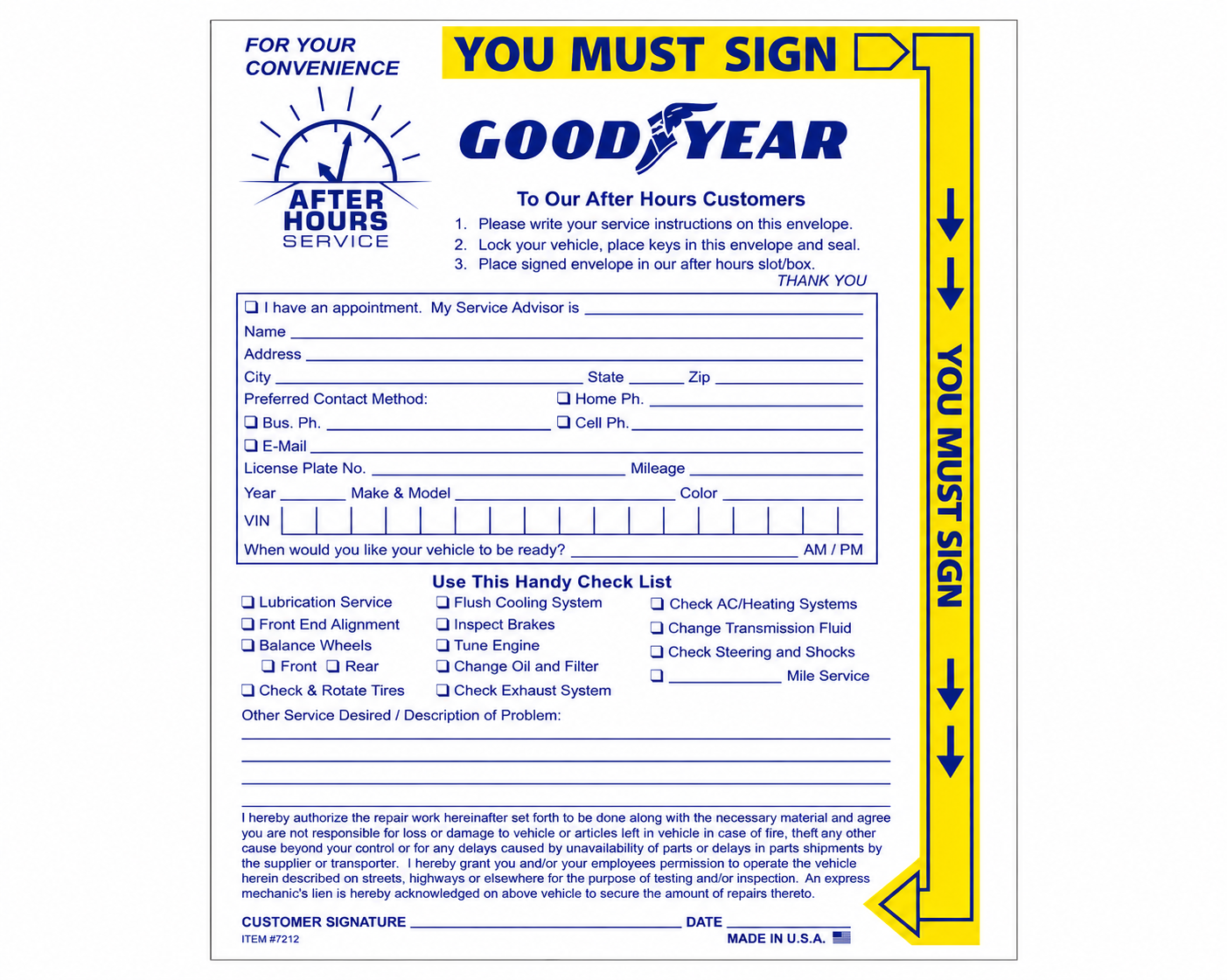 Custom Goodyear After Hours Envelopes | Service Night Drop